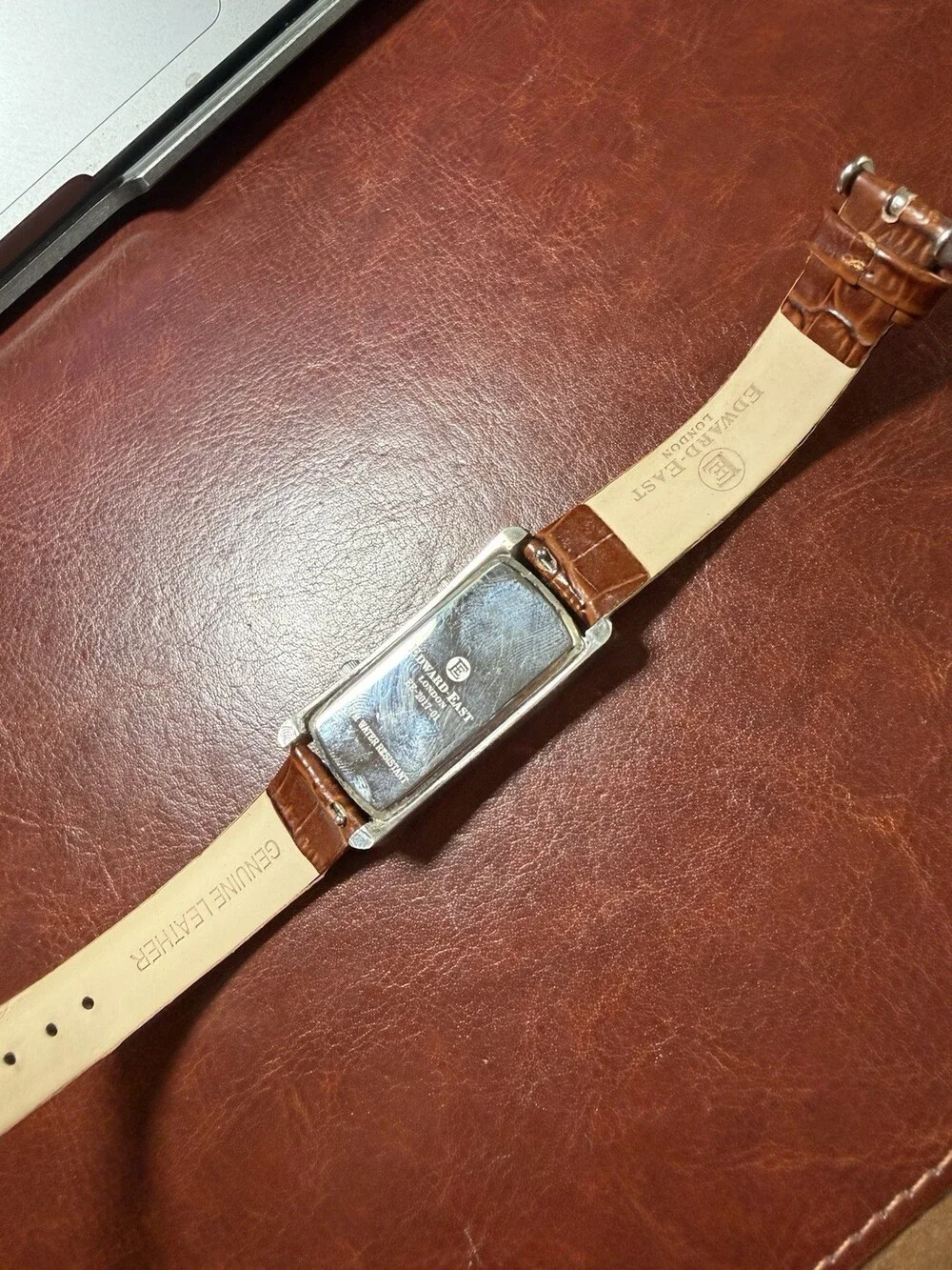 Edward East London Dual Time Watch Rectangular Tank Silver Dial Brown Leather